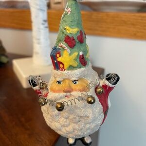 Department 56 paper mache Green-Red Santa Ornament with Jingle Bells
